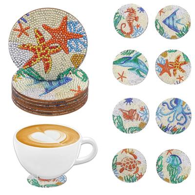 Подставки под 8 шт. своими руками с рисунком морских животных в виде алмазной живописи Деревянные подставки для гостиной Офис Бар Ресторан