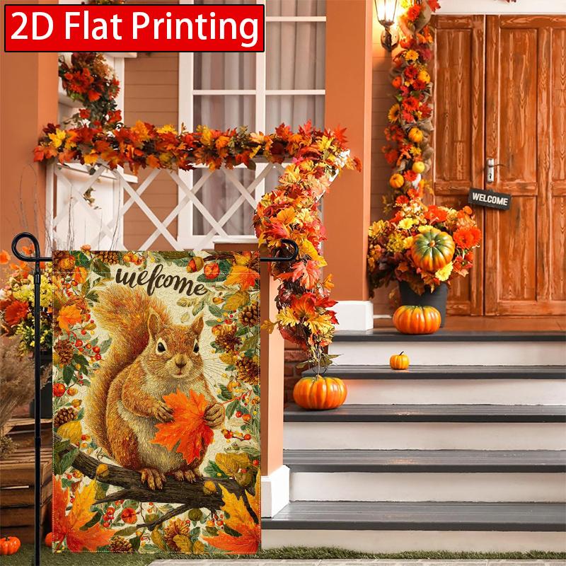 2D Flat, 2D Flat Thanksgiving Autumn Maple Leaf Squirrel Garden Flag_1-28x40 Inch Outdoor Garden Flag Double-sided Home Decoration Courtyard Decoratio