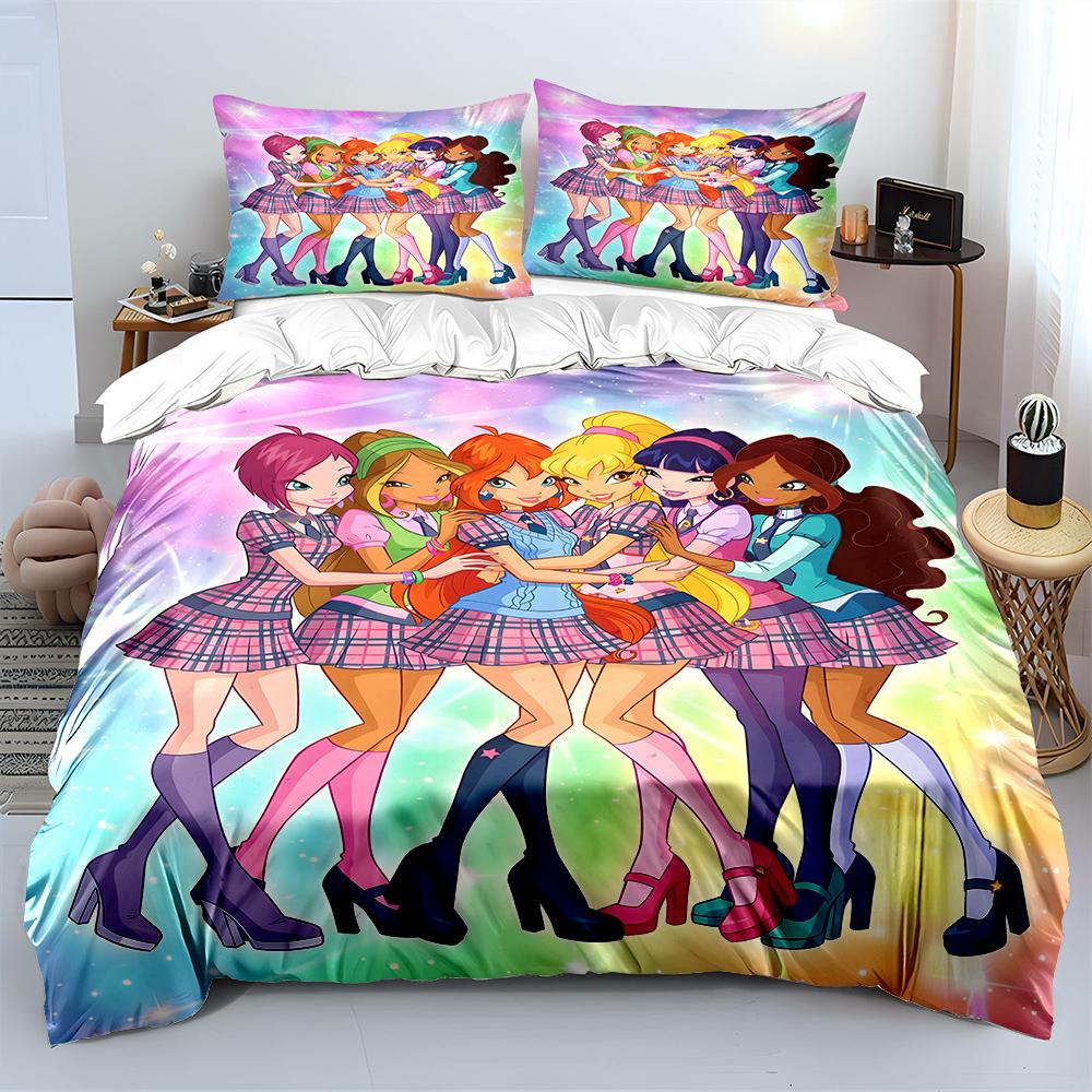 Beautiful Girls W-winx Cartoon Pattern Duvet Cover Set Digital Print Colorful Polyester Bedding with Zipper Closur for Kids Gift