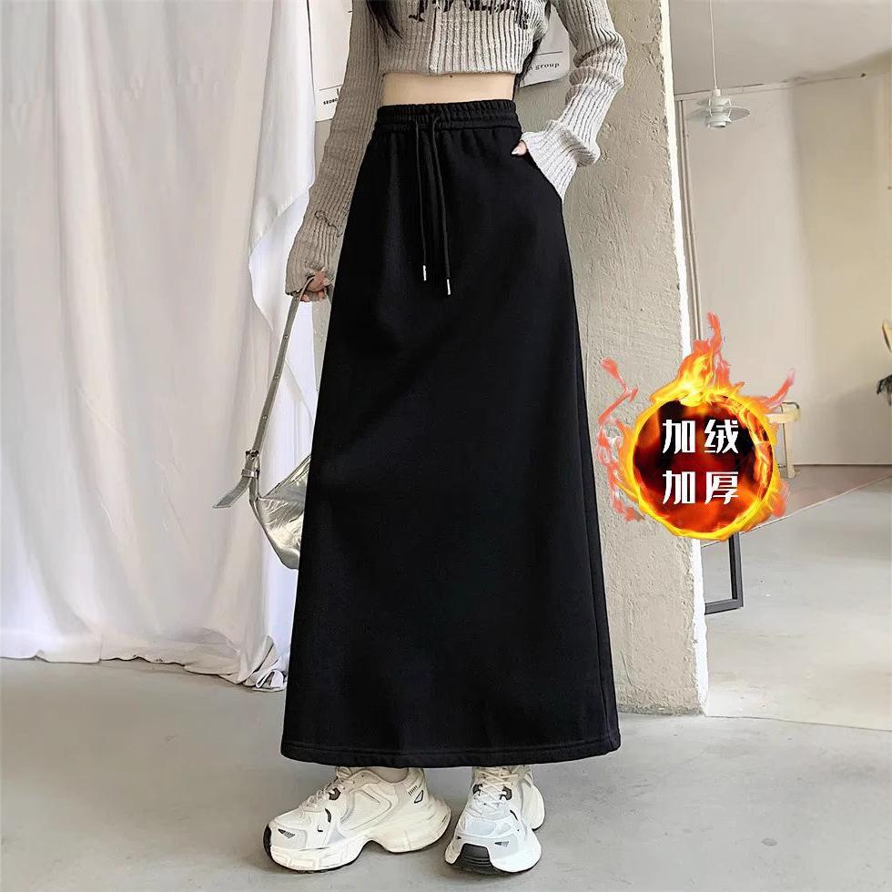 Прямая юбка на флисовой подкладке Женская Осенне-зимняя с высокой талией А-силуэта Карандаш Миди с разрезом Облегающая