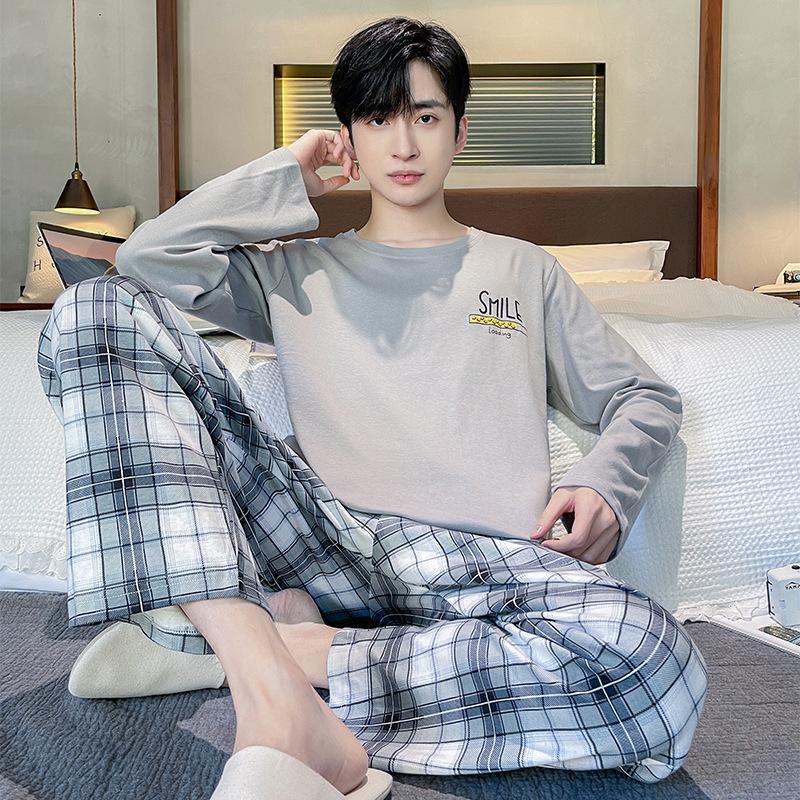 Men's Spring and Fall Men's Pajamas Cotton Homewear Suit Teenagers Simple Leisure Loose  Pajamas Homewear Suit