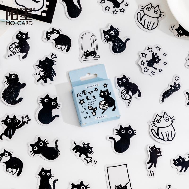 45Pcs Black Cat Boxed Stickers Cute Cartoon Kawaii Style Journal Scrapbook DIY Decor Supplies
