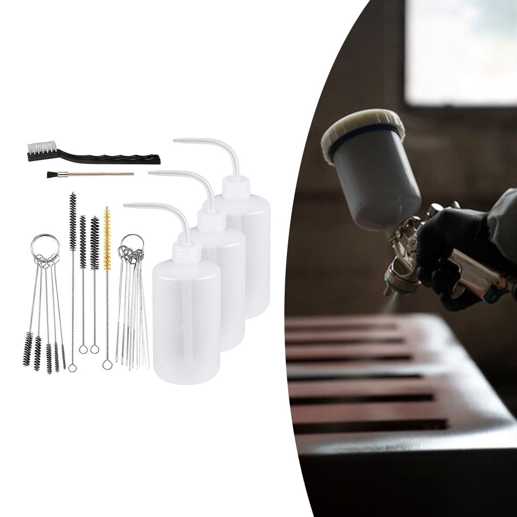 Набор для чистки портативного распылителя из 24 предметов включает 4 моющих бутылки с дозатором и 21 кисть для эффективного обслуживания краскопульта.