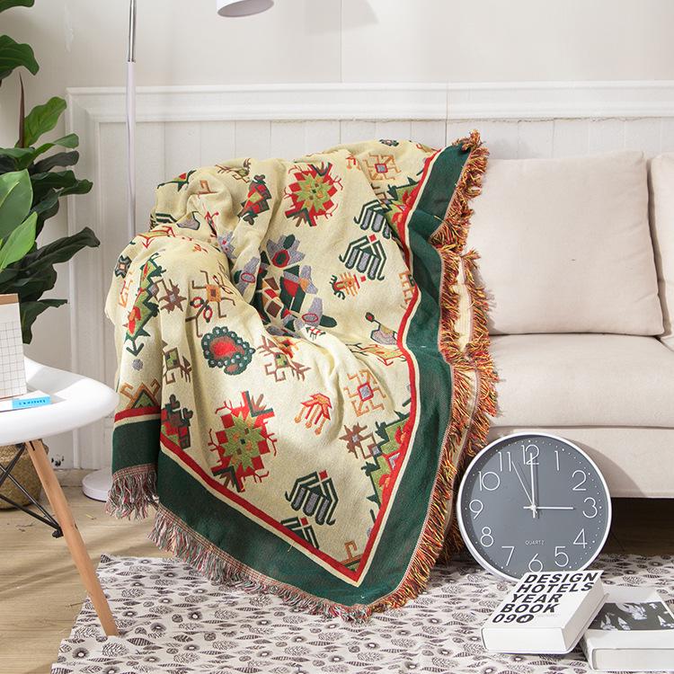 Европейский желтый плед в тибетском стиле, полностью хлопковый, двухсторонний, вязаный - Нескользящий, модный, минималистичный дизайн для дивана