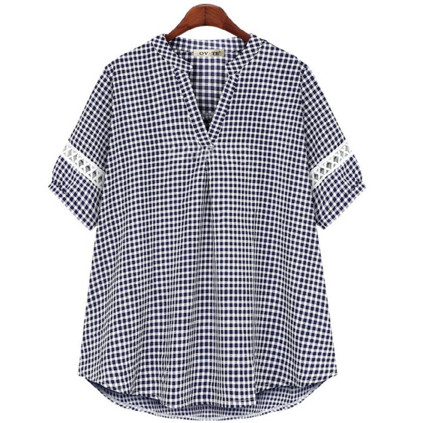 Summer new classic small plaid V-neck short-sleeved top popular lace hollow cuff T-shirt