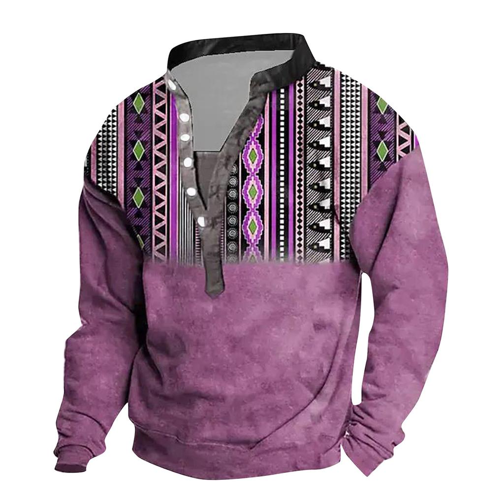 Мужской свитер с v-образным вырезом и воротником-стойкой с 3D цифровой печатью и винтажным воротником на 6 пуговицах