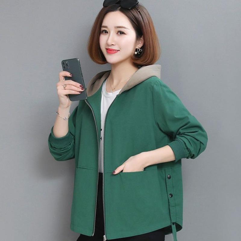 Women Hooded Jacket Thin Spring Autumn Loose Casual Pocket Long Sleeved Short Windbreaker Woman Zipper Up Coats Ladies