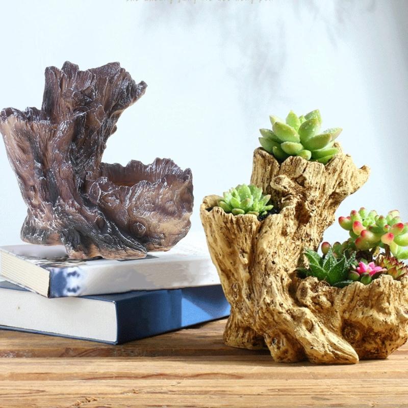 Горшок для суккулентов из смолы, имитирующий форму корня дерева. Подходит для креативных композиций в помещении и на улице, придает художественный шарм.