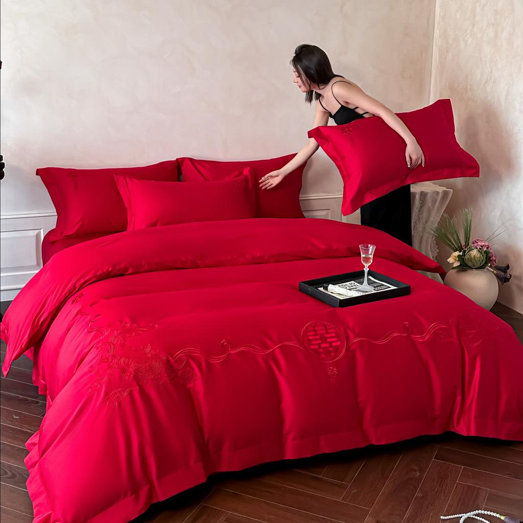 Clever 40 Thread Cotton 4-Piece Embroidery Wedding Series Bedding Set