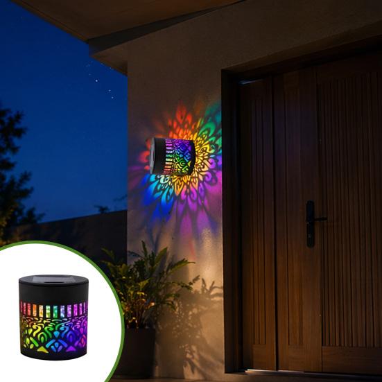 Solar Wall Lamp, Seven Color Changing Projector Light, with Hollow Pattern Design IP65 Waterproof Wall Light, for Outdoor Patio Garden Fence Decor