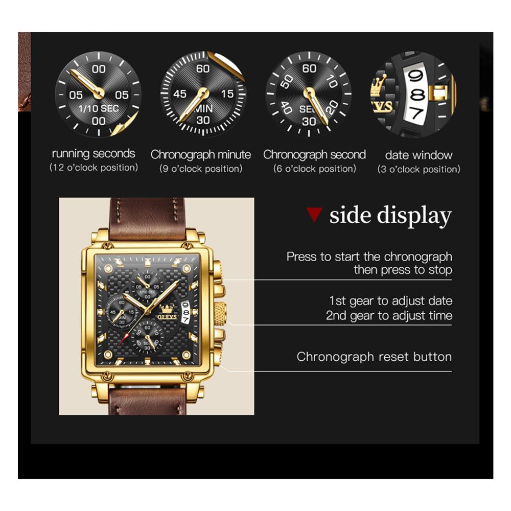 OLEVS 9925 With Gift Box Top Watch Square Multifunction Sports Quartz Watch Luminous Men's Watch