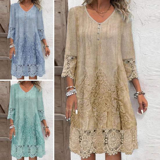 Летнее женское платье с V-образным вырезом и ажурными кружевными пуговицами с рукавами три четверти и вышивкой, сплошное цветное свободное платье длиной до колена в стиле ретро-миди