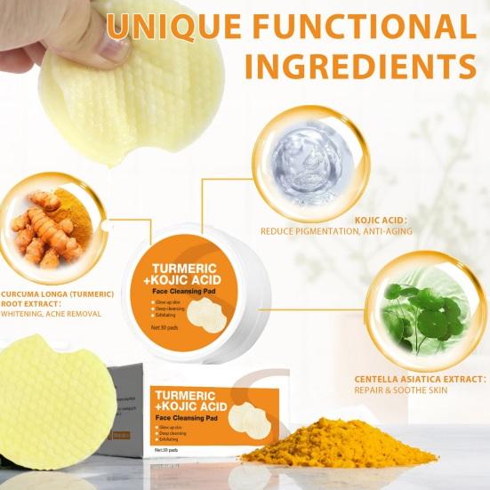 30 шт. очищающих дисков с койевой кислотой для удаления темных пятен и макияжа, спрессованные спонжи для лица с куркумой, мягкое очищение пор, отшелушивание, очистка лица, хлопок