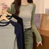 Round Neck Contrasting Color Raglan Long-sleeved T-shirt for Women's Outer Wear New Autumn Design Foreign Chic Short Bottoming Shirt Top
