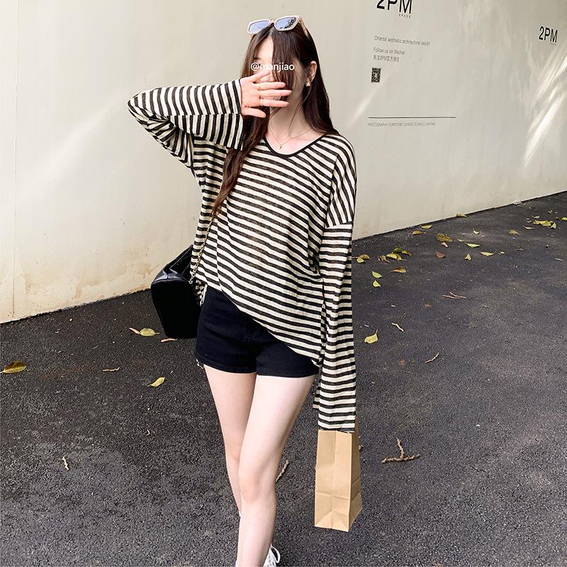 Футболка с длинным рукавом и защитой от солнца в полоску в стиле ленивой моды, женская тонкая свободная блузка большого размера