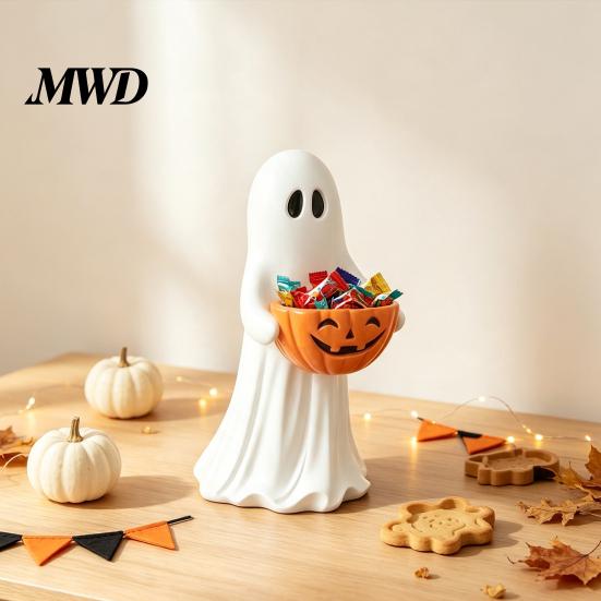 Decorative Candy Dish Halloween Ghost Figurine with Pumpkin Bowl, Cute Resin Statue, Freestanding Souvenir Gifts Trick or Treat Holder for Front