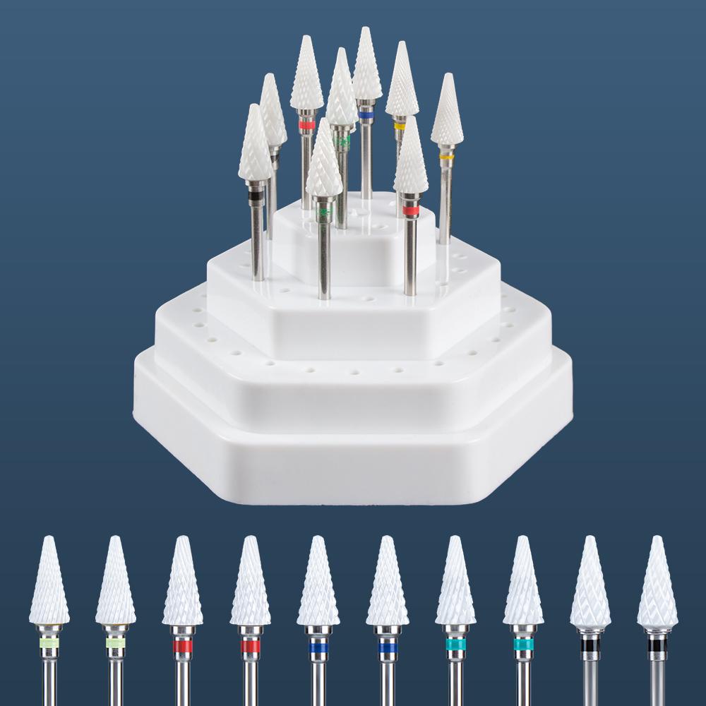 10pcs Ceramic Carbide Nail Drill Bits Set with Stand Holder Box Milling Cutter for Manicure Machine Removing Gel Nail Polish Bit