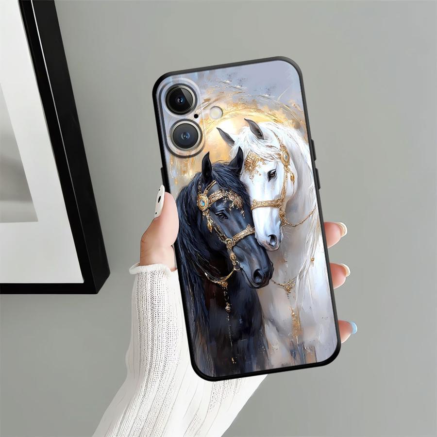 Черный Мягкий Чехол для Телефона с Рисунком Лошади для iPhone 15 16 14 Plus 7 8 13 12 11 17 Pro Max 17Air XR XS Max