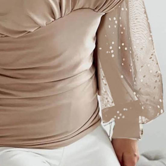 Цветной пуловер большого размера, рубашка с блестками, офисная блузка с воротником, элегантные однотонные сетчатые топы с фонариками и длинными рукавами