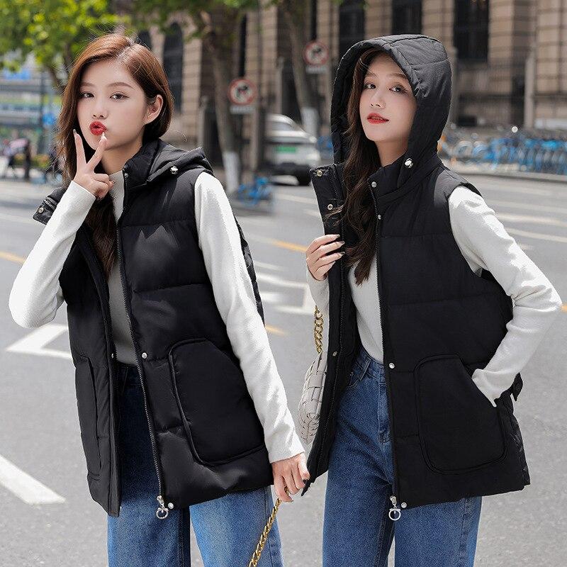 Women Autumn Winter Short Hooded Vest Coat With Belt Outwear Overcoat Oversized Puffer Jacket Cotton Padded Parkas Waistcoat