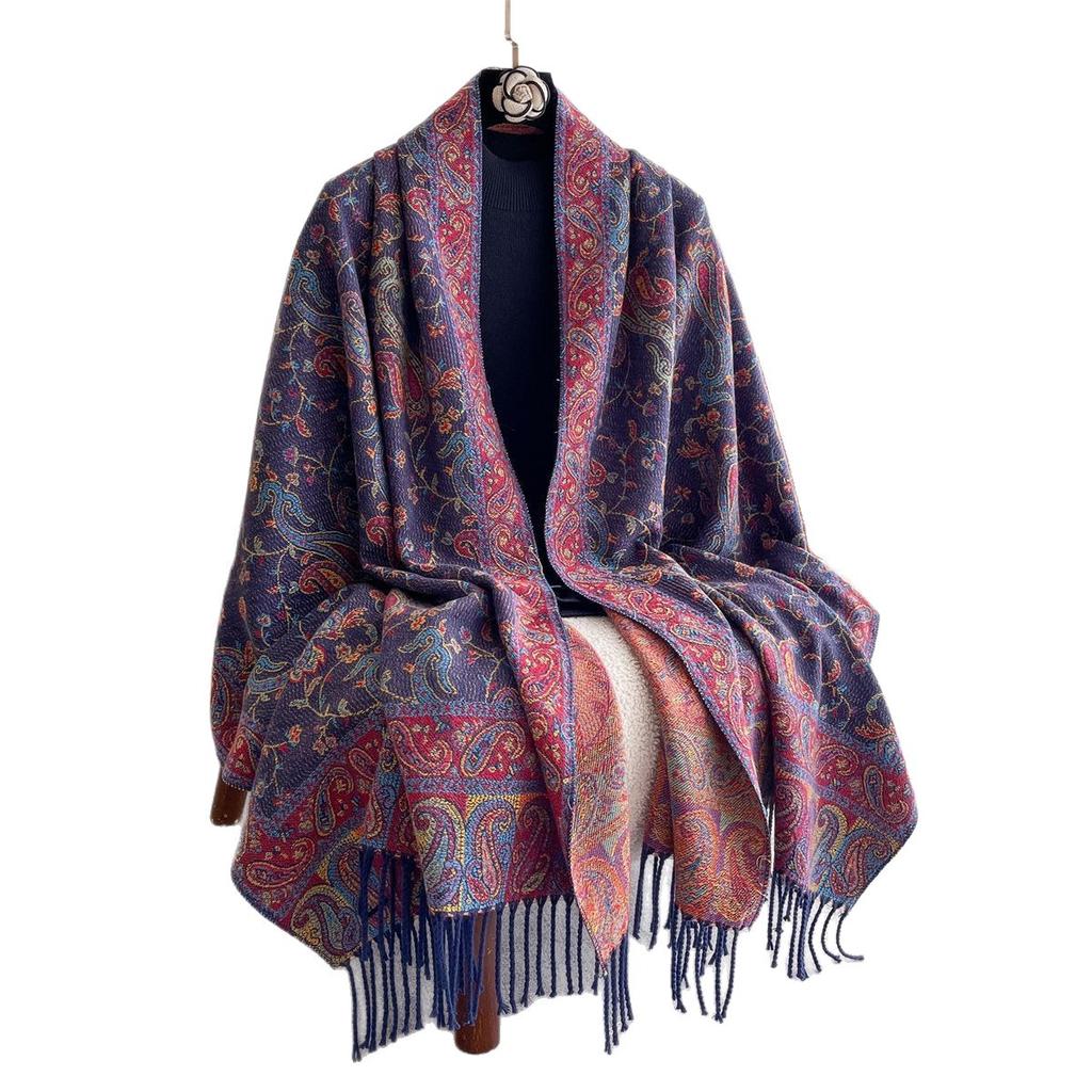 Autumn And Winter Retro Versatile Imitation Core-Spun Yarn High-End Shawl Jacquard Fringed Cashew Flower Thickened Scarf