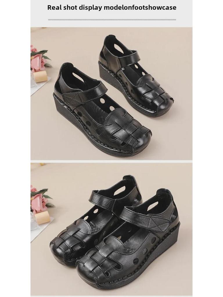 Women's Genuine Leather Thick-Soled Roman Sandals - High-Heel, Breathable, Comfortable for Mothers