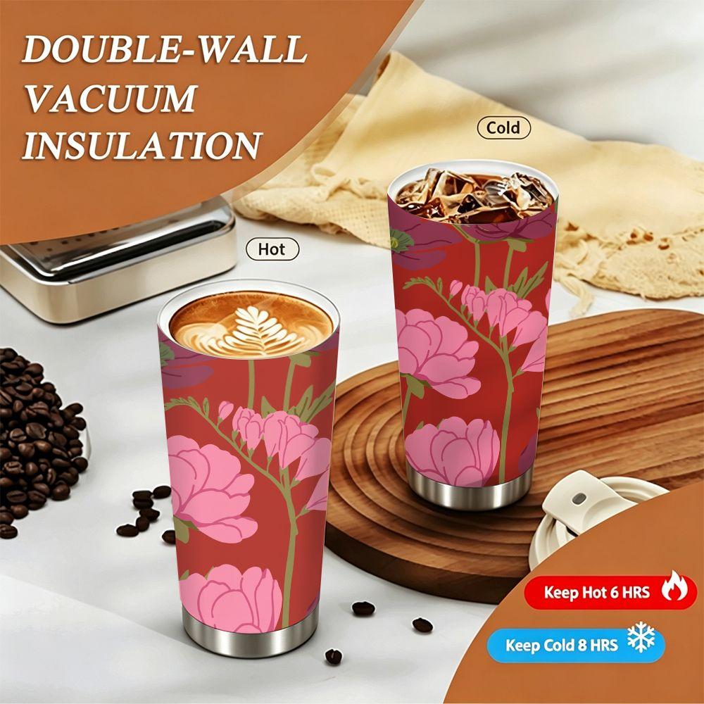 Floral Pattern Red Background Stainless Steel Insulated Coffee Tumbler Double Walled Vacuum Travel Mug for Hot Cold Drinks Office School Daily Use