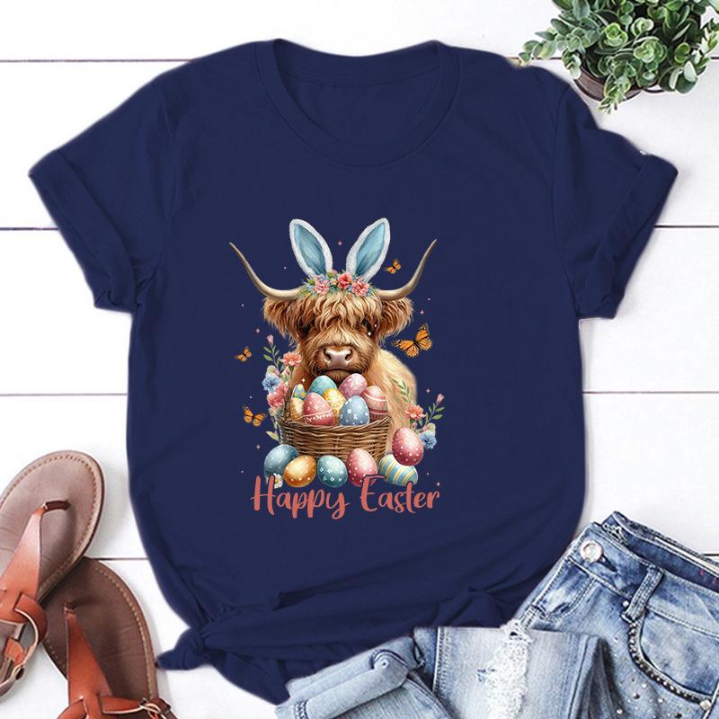 Hot Easter Day Unisex Short Sleeve Cow Happy Easter Print T Shirts Women Causal Harajuku Tops Funny T Shirt
