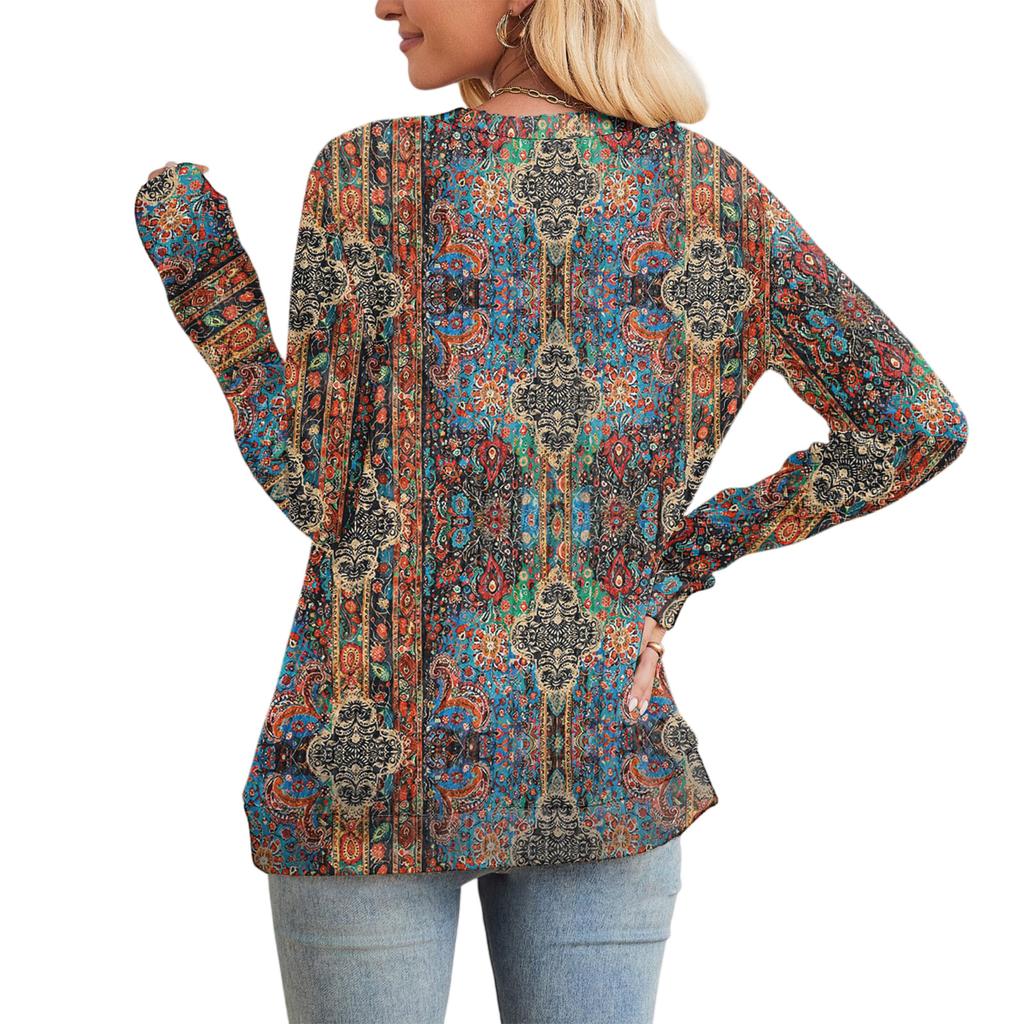 Fashionable Women's Long Sleeved Retro Printed Lightweight Sweater With Loose Round Neck Top