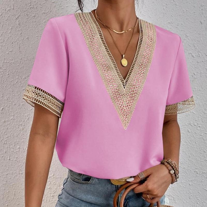 Women's V Neck Blouse Short Sleeve Lace Trim Loose Fit Casual Summer Top