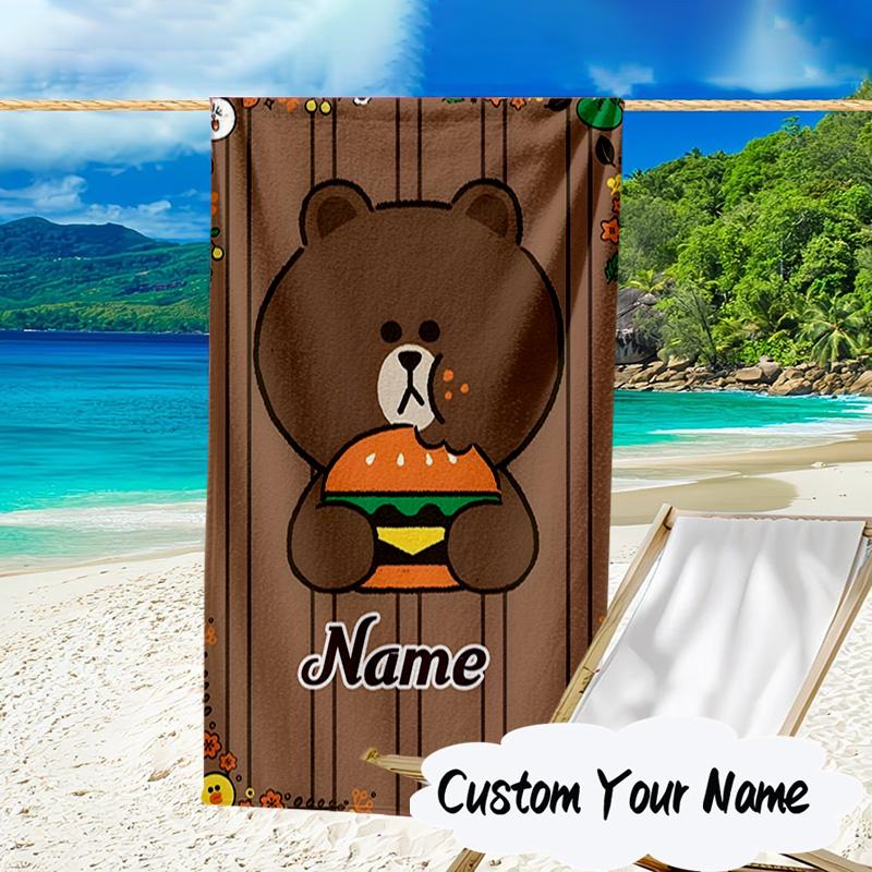 Custom Name Happy Valentine's Day Brown Bear Microfiber Beach Towel Super Soft & Absorbent for Bath, Beach, Travel Bath Time Accessory, Fan gifts