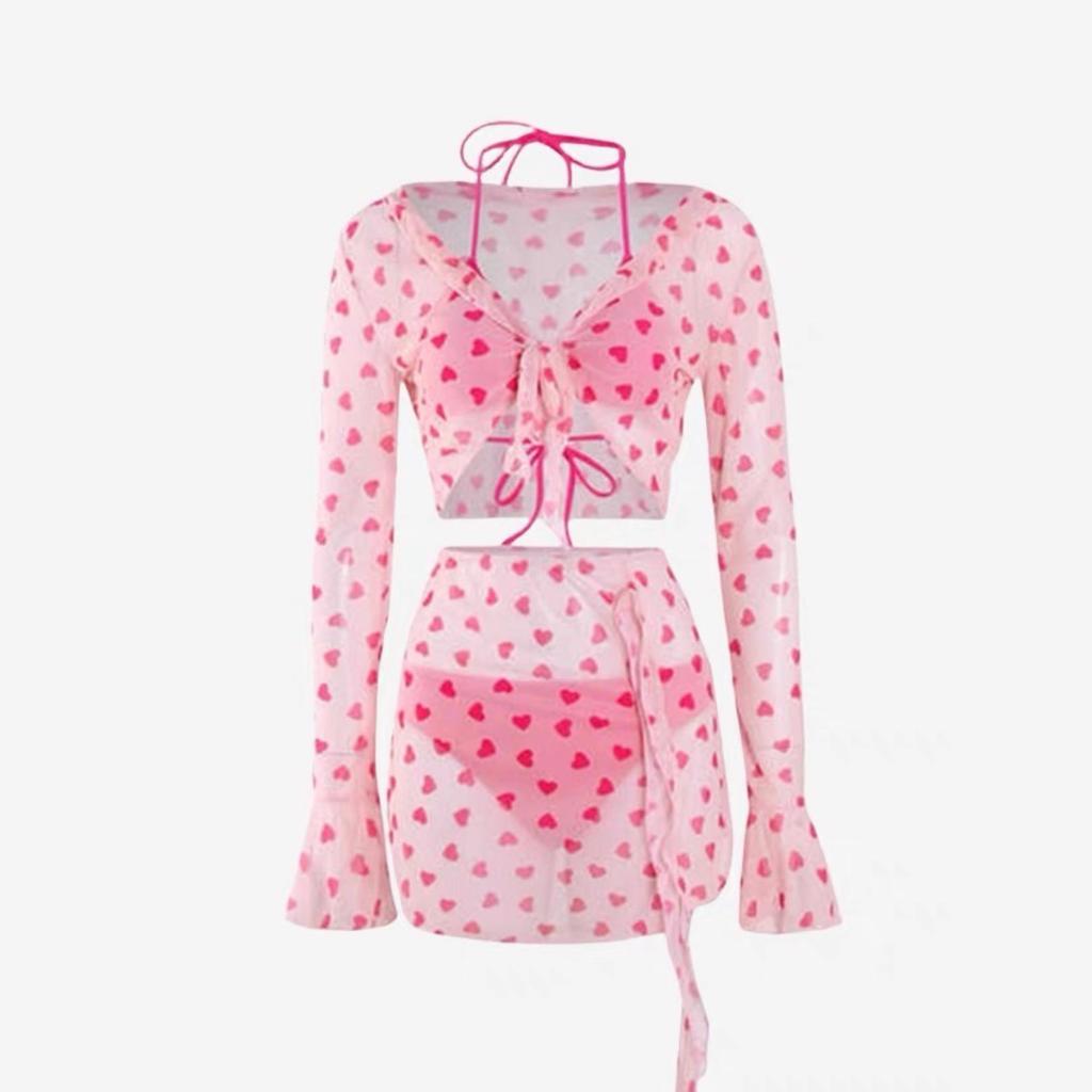 Women's Sexy Halter Ruffle Lace Up Swimsuit Sets Sweet Print Cover-Ups Bikini Skirt Outfits Vacation Beach Swimwear Bathing Suit