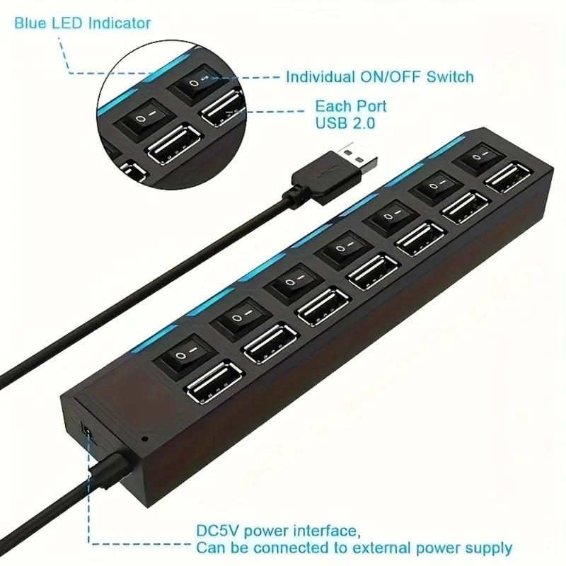 7 Ports USB 2.0 Hub LED 5Gbps High Speed Multiports USB Power Adapter Expander USB Splitter With Switch For Laptop Computer Home