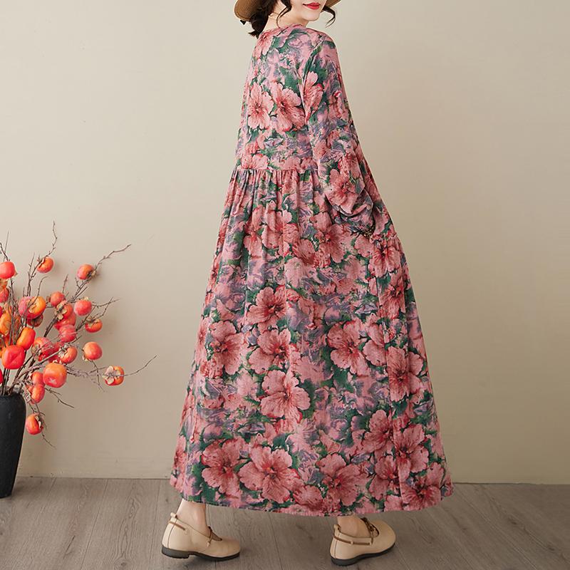 DIMANAF 2025 Женское длинное весеннее платье больших размеров Повседневное платье Свободное цветочное базовое хлопковое льняное винтажное макси с длинным рукавом