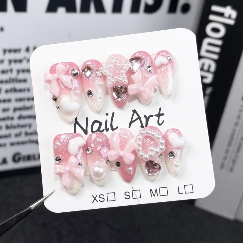 Handmade Press-On Nails Sweetheart Style Almond Shape Pink Nude With Heart Bow Star Decor
