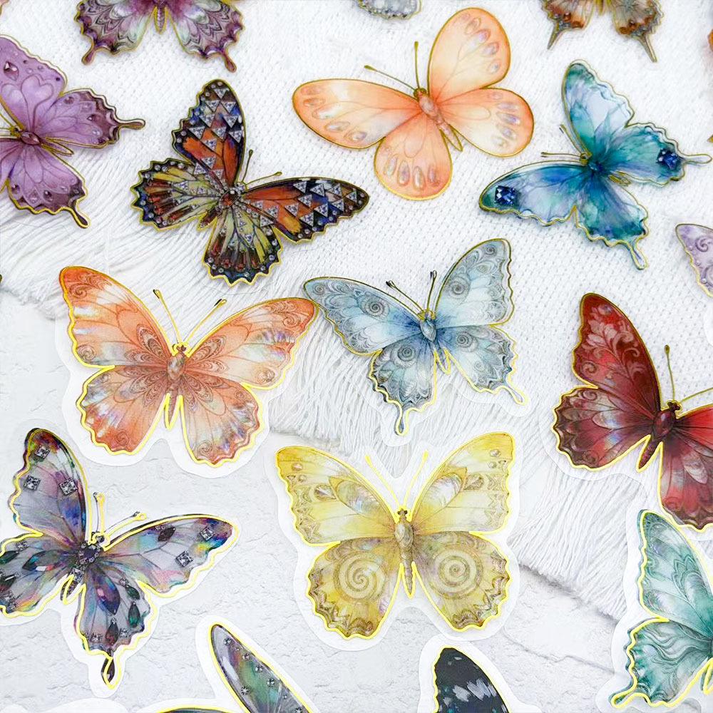50 Iridescent Butterfly Hot Stamping PET Gem Transparent Stickers for Notebook, Guitar, Phone, Graffiti