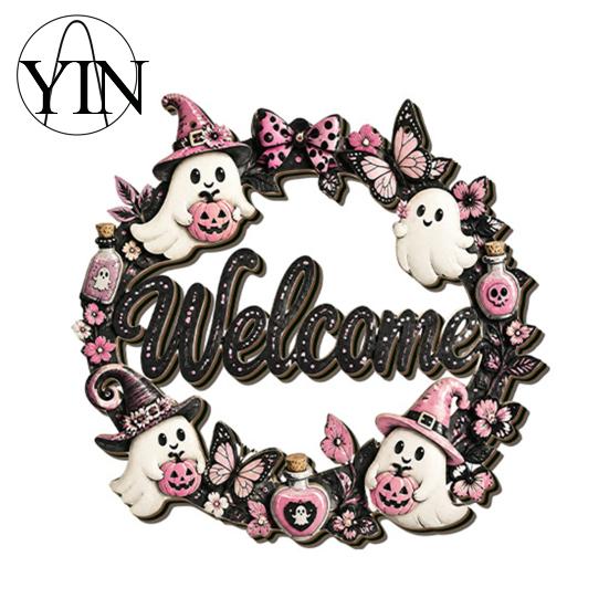 Wooden Craft Hanging Decoration Halloween Pumpkin Ghost Welcome Door Hanger Sign, Cute Wall Ornament with Bell Holiday Sign for Store Entry