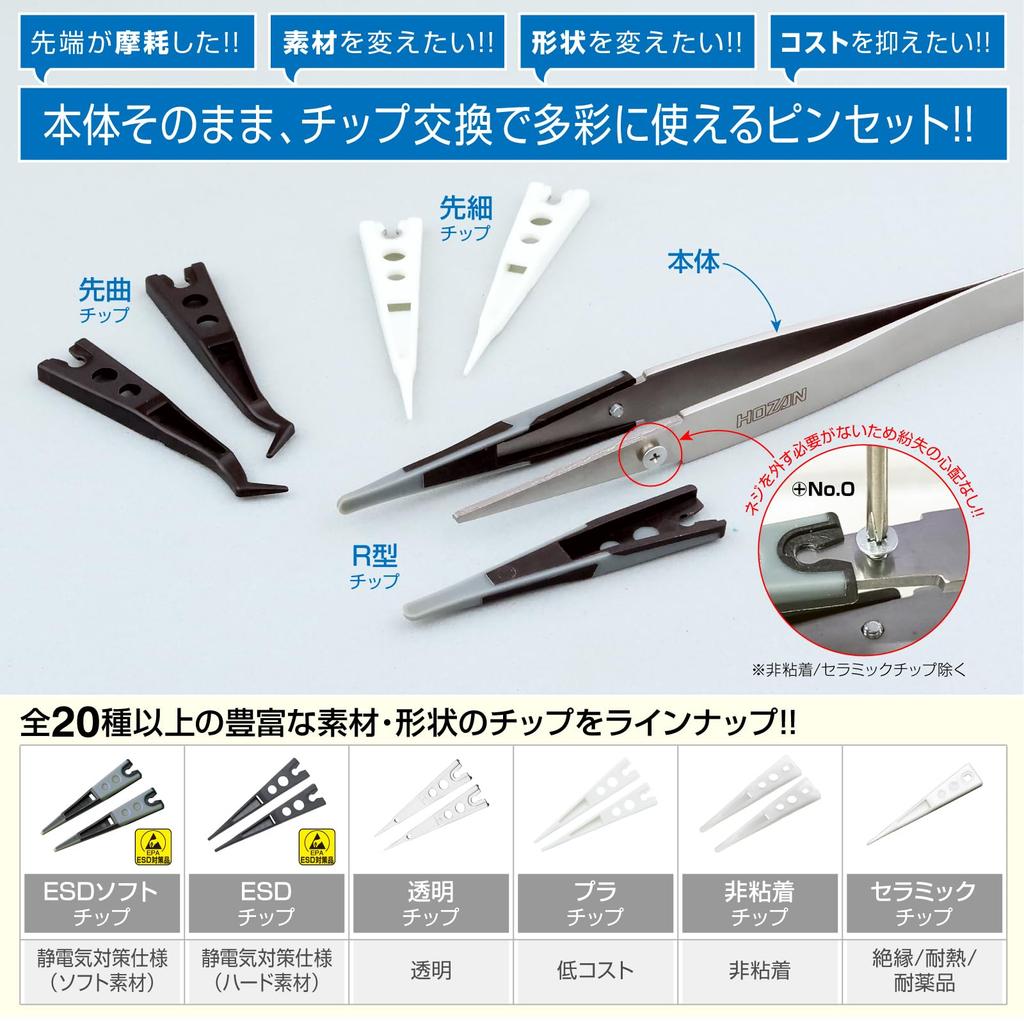 HOZAN ESD Soft Tip Tweezers P-643-J R-Shaped 125mm Anti-Static Total Length 10mm Opening Width 3.0mm