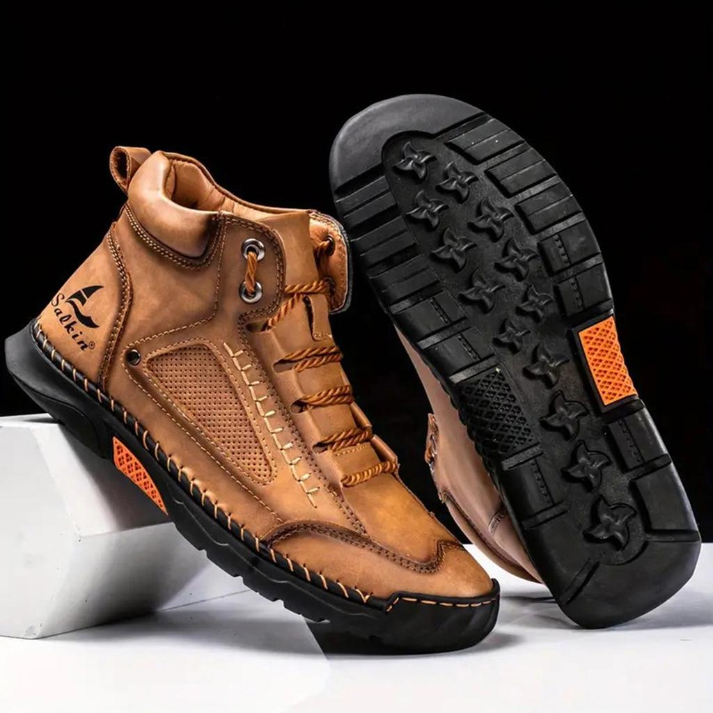 Men's Large Size Handmade Vintage Boots, Fashionable Lace-Up High-Top Casual Shoes, Spring and Autumn Outdoor Hiking and Trekking Boots