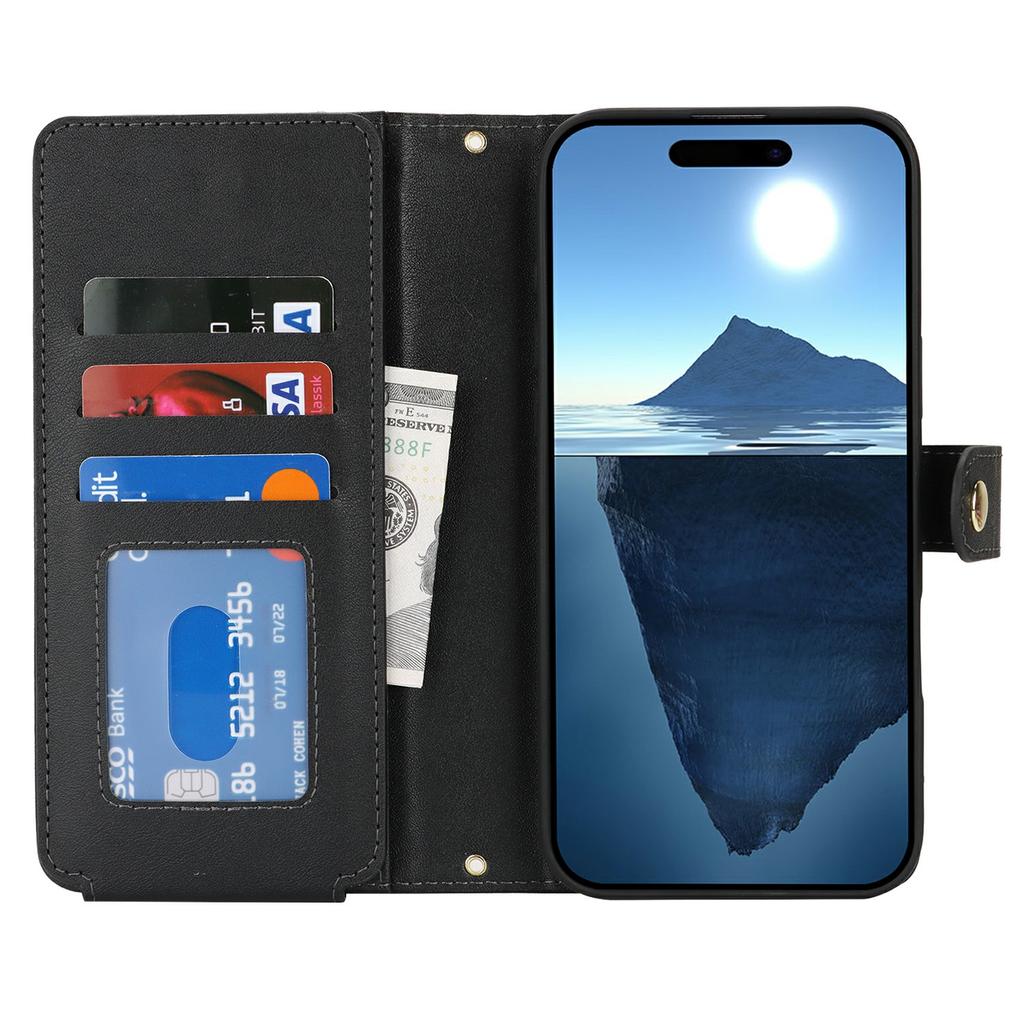 For iPhone 16 Stand Case PU Leather Phone Cover with Straps/Zipper Wallet/Multiple Card Slots