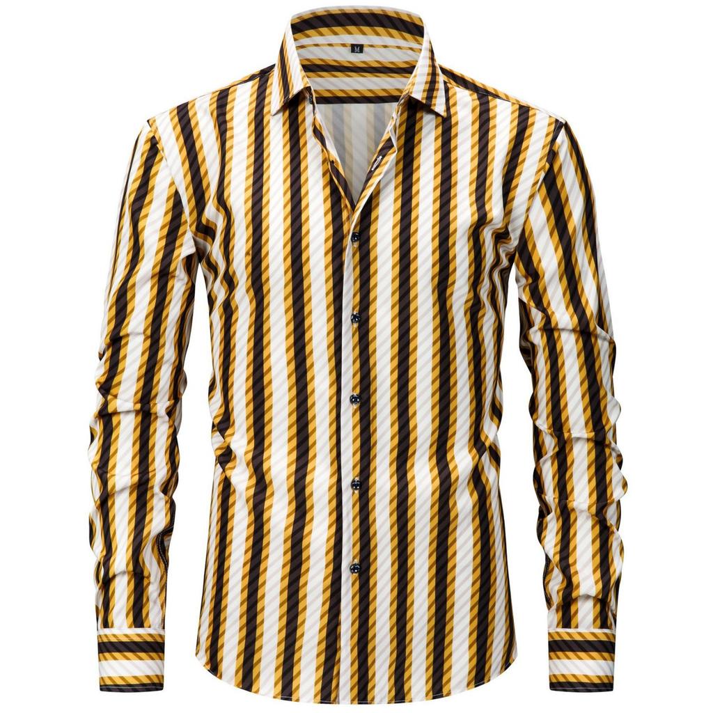 Мужская эластичная клетчатая полосатая рубашка с длинным рукавом большого размера, мужская рубашка на пуговицах светлого цвета с квадратным воротником и цифровой печатью