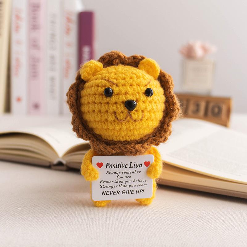 Positive Crochet Lion Doll with Card Home Room Decor Handmade Knitting Emotional Support Lion Animal Ornament Christmas Gift