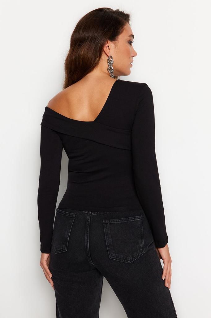 Women's Fashion New Blouse Black Cotton Stretchy Flounce Fitted Crop Knitted Blouse