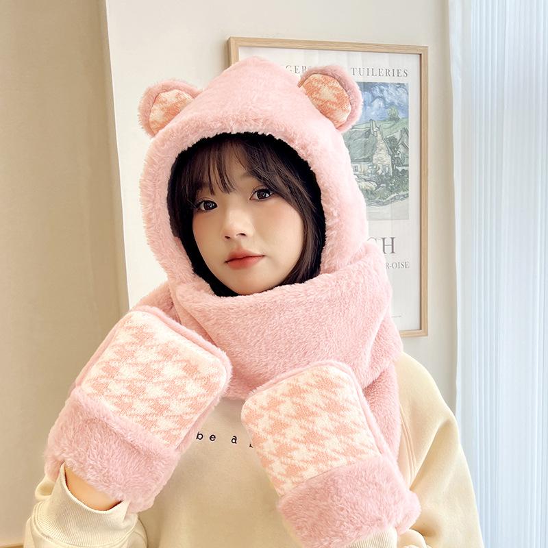 Women's Cozy Fox Ear Plush Hat with Integrated Scarf - Warm, Soft Lei Feng Design for Autumn and Winter. Perfect Ear Protection for Students.