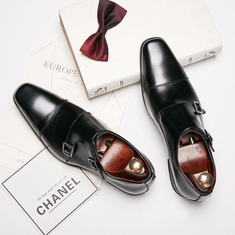 Fashion Luxury Mens Dress Shoes Pointed Toe Cow Leather Buckle Monk Strap Casual Business Wedding Shoes for Men Black Brown