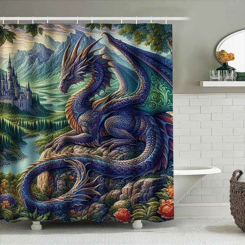 Fantasy Dragon Bath Mat Shower Curtain Set Medieval Castle Landscape with Greenery Blue Purple Red Floral Design Decor for Bathr