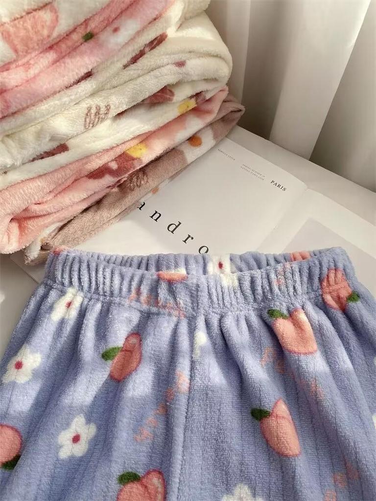 Женские пижамные брюки из кораллового флиса с принтом персика и медведя 2025 - Теплые, утолщенные, повседневная домашняя одежда для осени/зимы