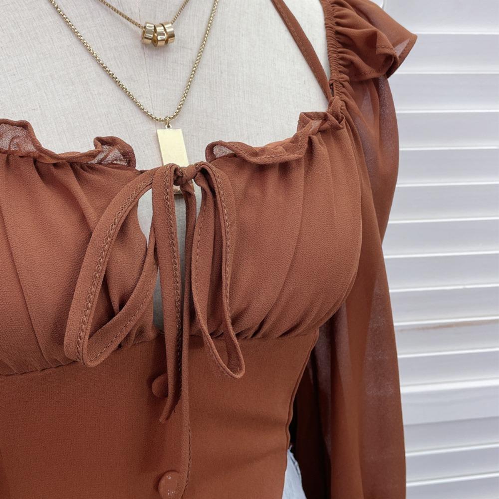 Женские топы с расклешенными рукавами, однотонная эластичная талия с рюшами, шифоновая бретелька с открытой спиной, тонкая женская сексуальная короткая блузка в стиле Харадзюку