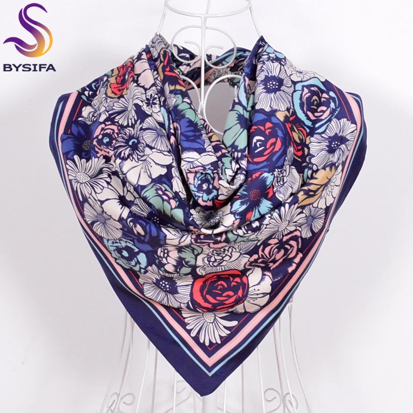 Ladies Daisy Large Square Scarves New 90*90cm Spring Autumn Matt Satin Scarves Fashion Accessories Navy Blue Silk Scarf