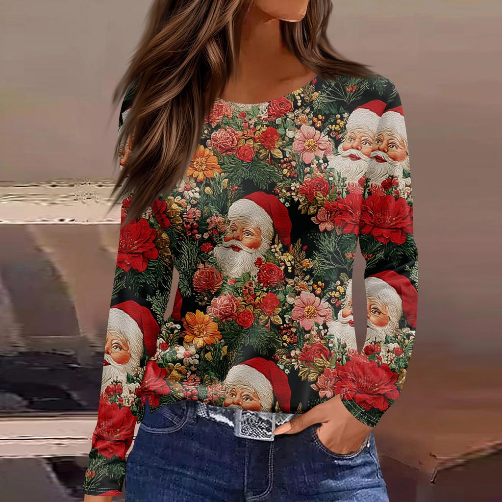 Женская мода повседневный топ с разрезом по низу и рождественским принтом с круглым вырезом и длинными рукавами